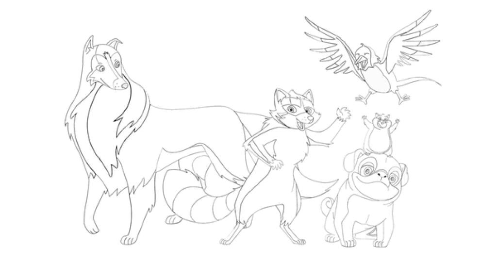Ausmalbild mit Lassie, dem Mops Biff, dem Waschbären Looper, dem Hamster Houdini und der Elster Pica