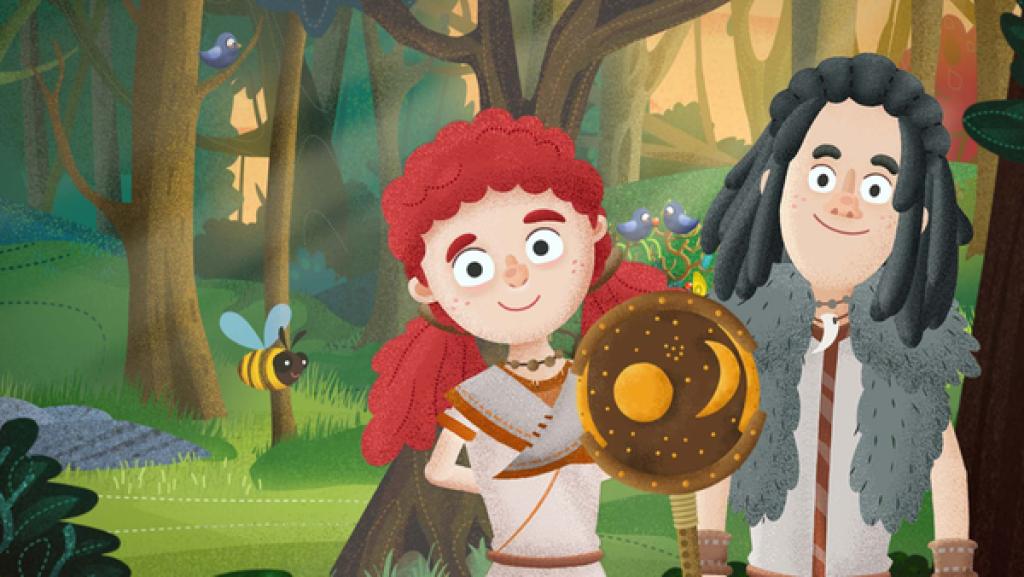 Ach du heilige Scheibe | Rechte: KiKA Die Geschwister Mimo und Leva stehen im Wald mit der Himmelsscheibe.