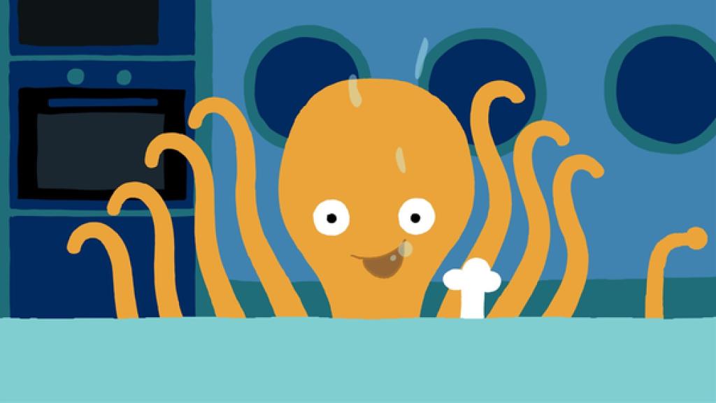 Rechte: KiKA/SWR/Studio FILM BILDER/Julia Ocker Der Krake will einen Kuchen backen.