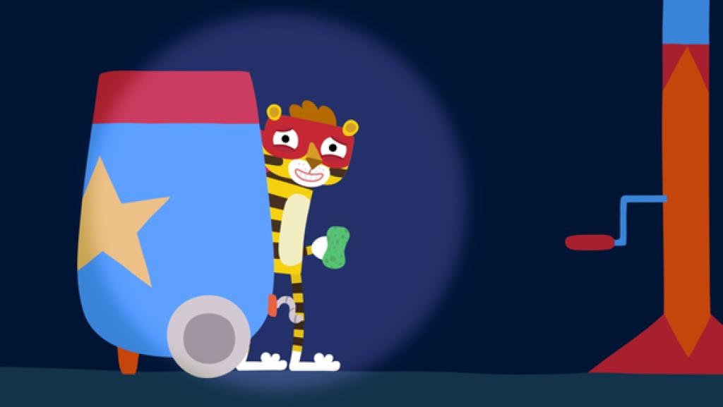 Rechte: KiKA/SWR/Julia Ocker Der Tiger tut so, als würde er putzen.