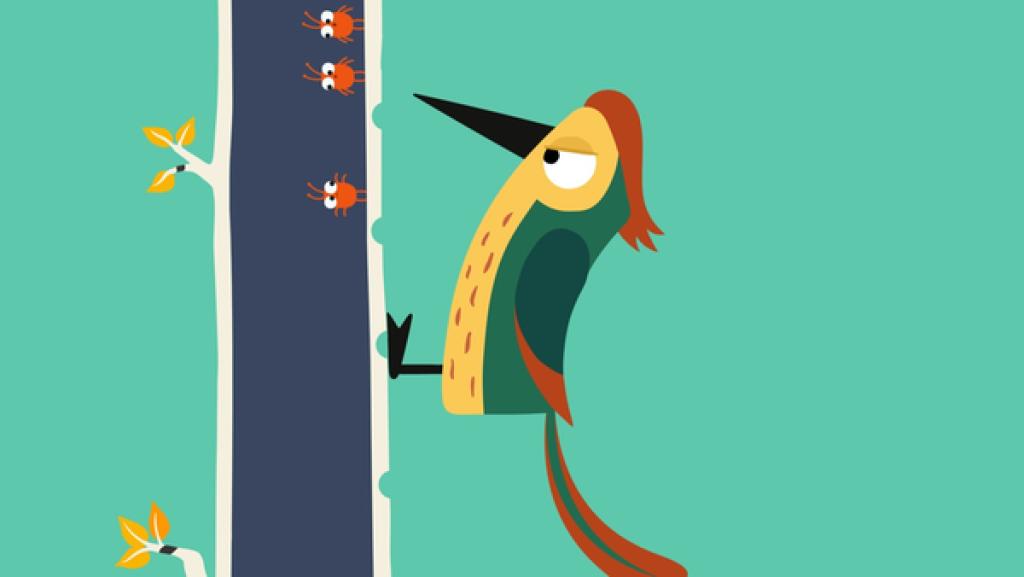 Rechte: KiKA/SWR/Julia Ocker Der Specht hackt in den Baumstamm.