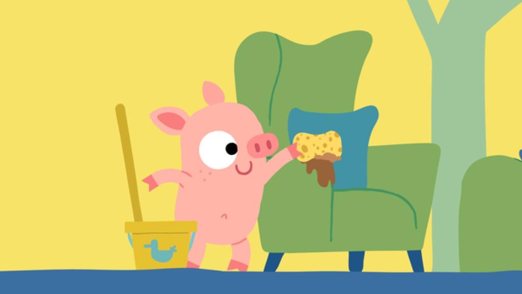 Rechte: KiKA/SWR/Julia Ocker Das Ferkel will die Wohnung putzen, doch dabei geht einiges schief.
