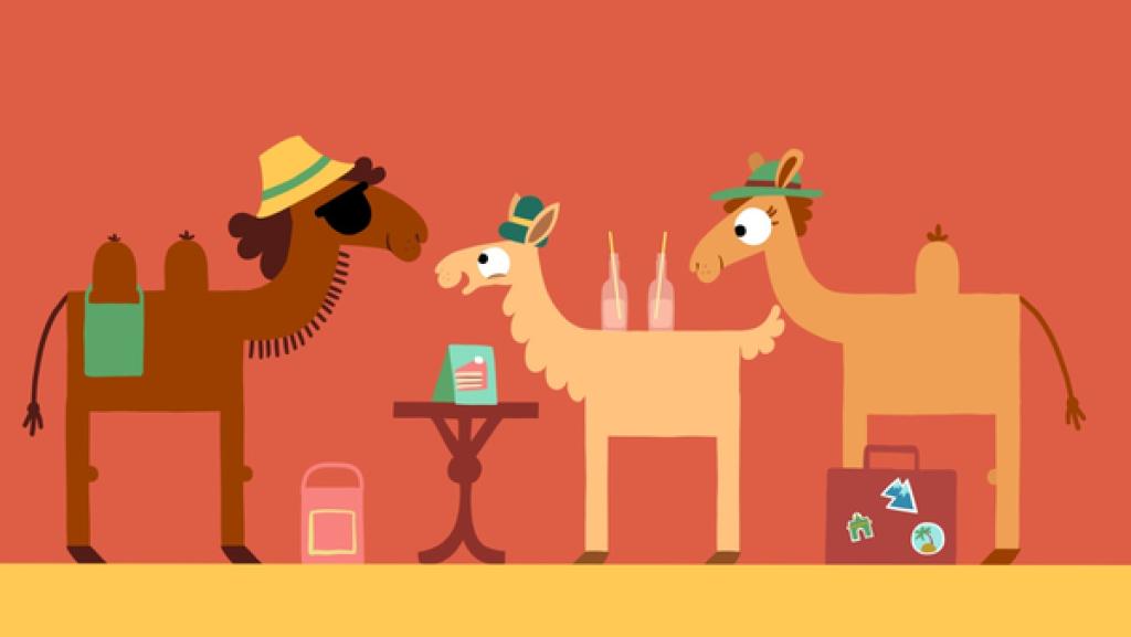 Rechte: KiKA/SWR/Julia Ocker Das Lama bewundert die weit gereisten Kamele und will auch gerne so sein wie sie.