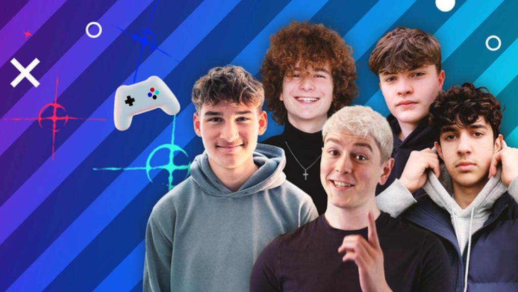 Fünf Teenager stehen in einer Gruppe.