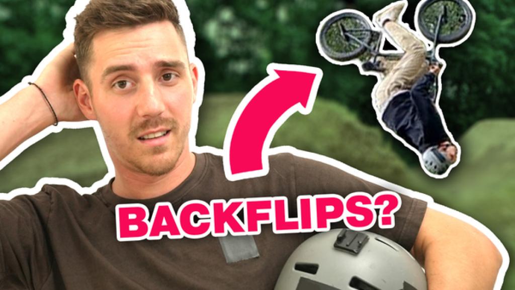 YouTuber Fixx mit einer Hand am Hinterkopf zweifelnd. Darunter steht: Backflips? Pfeil zeigt auf ein kopfüber in der Luft schwebendes BMX.