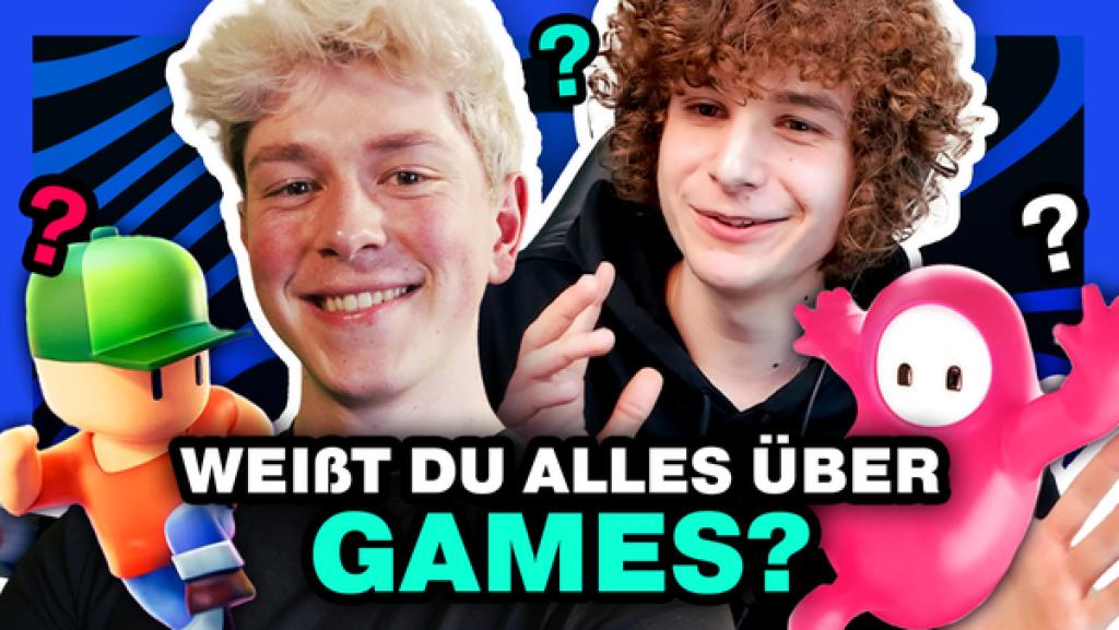 Chris und Iker nebeneinander. Links und rechts eine Figur aus Fall Guys und eine aus Stumble Guys. Darunter steht: Weißt du alles über Games?
