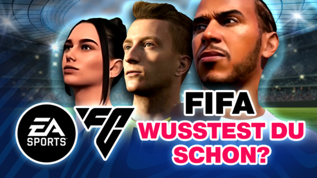 Drei Köpfe von Spielerinnen und Spielern aus EA Sports FC nebeneinander. Darunter die Spielelogos und der Text: FIFA - Wusstest du schon?