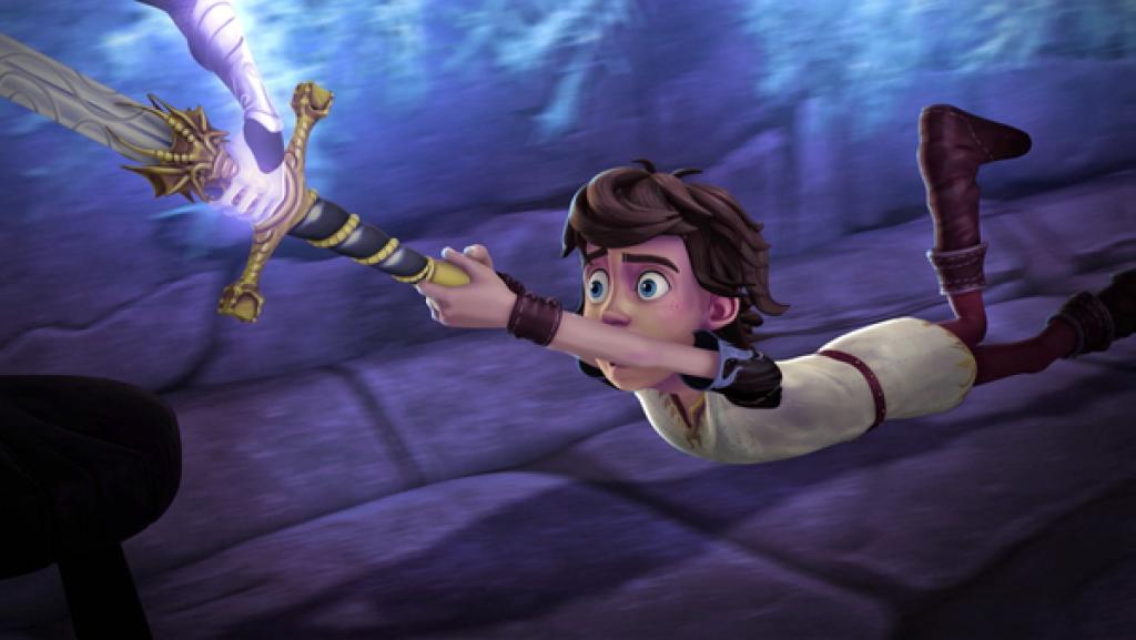 Arthur hält sich an Schwert Excalibur fest und wird über den Boden gezogen | Rechte: SWR Arthur hält sich an Schwert Excalibur fest und wird über den Boden gezogen