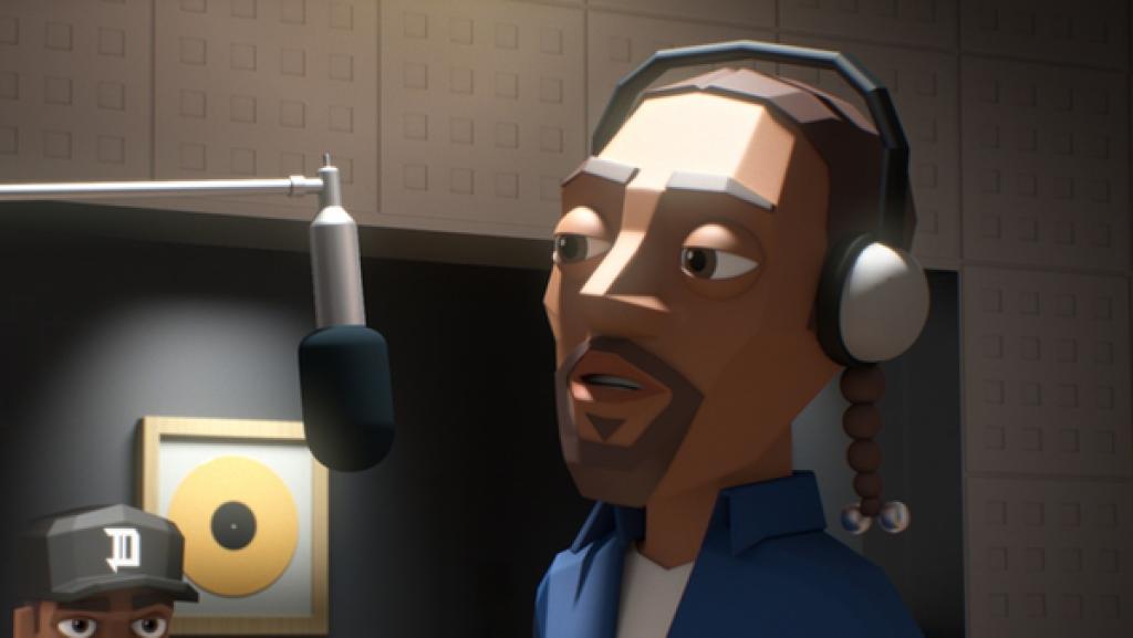 Snoop-Dogg steht mit Kopfhörer im Tonstudio. Vor ihm ein Mikrofon. Im Hintergrund ein Fenster zum Regieraum, in dem Dr. Dre die Aufnahme des Songs verfolgt.