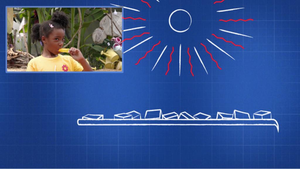 Prinzip der Schmelzenergie | Rechte: KiKA Collage: Skizze Schmelzenergie und ein Kind, das selbstgemachtes Eis isst