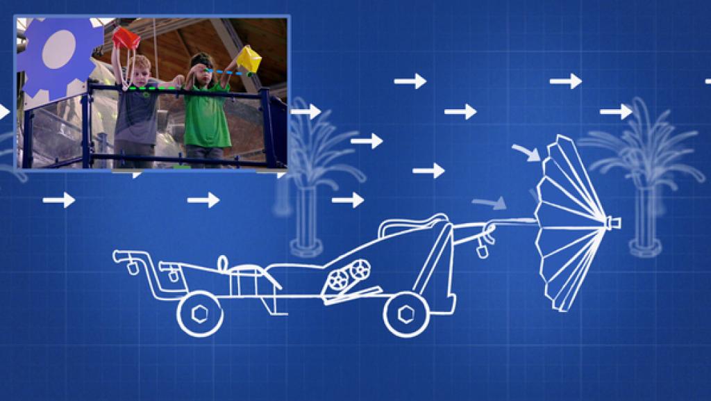 Prinzip des Luftwiderstand | Rechte: KiKA Collage: Skizze vom Prinzip des Luftwiderstandes udn Kinder, die experimetieren