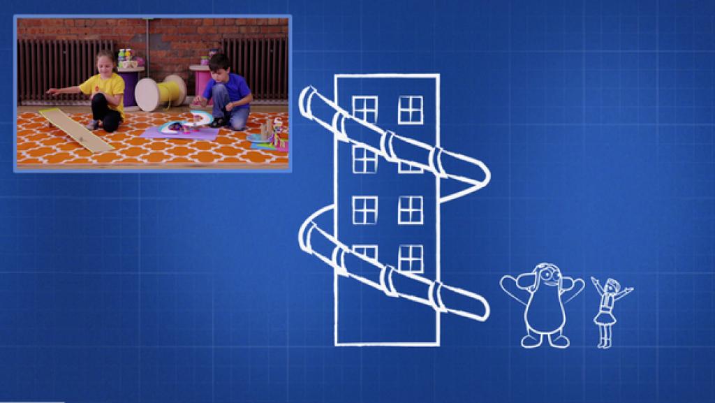 Prinzip der Neigung | Rechte: KiKA Collage: Skizze einer Rutsche um ein Haus und Kinder, die experimentieren