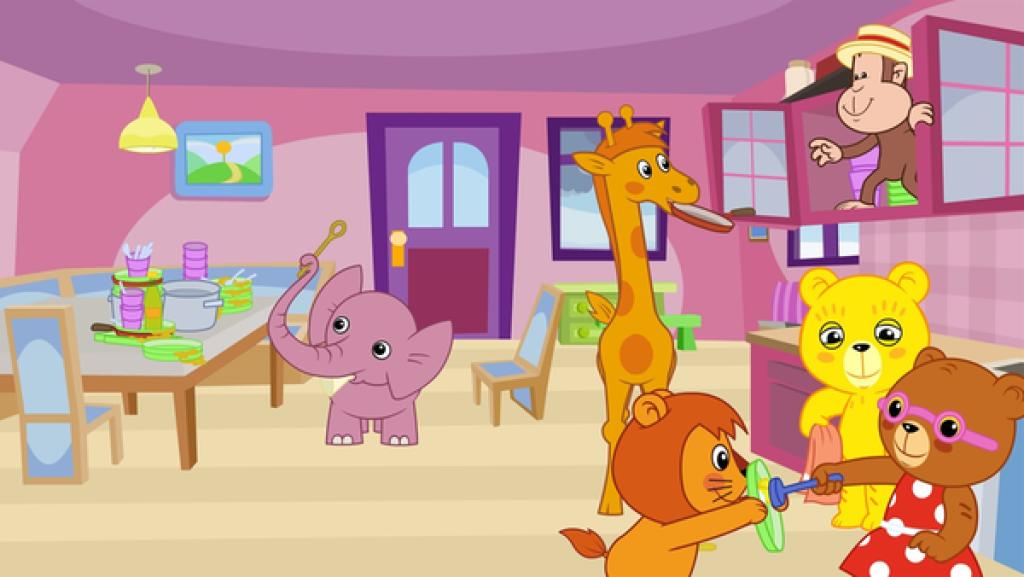 Bummi und seine Freunde sind in der Küche. Auf dem Küchentisch stapelt sich dreckiges Geschirr. Die Tiere waschen es ab und räumen es in die Küchenschränke.