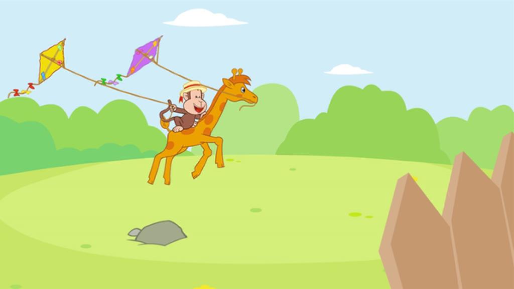 Die Giraffe Malia hüpft über eine Wiese, während der Affe YamYam sich auf ihrem Rücken festhält. Beide halten selbstgebastelte Drachen fest und lassen sie in der Luft steigen.