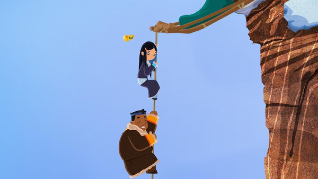 Rechte: MDR/MotionWorks Luigi und ShiLa hängen an einer Klippe fest.