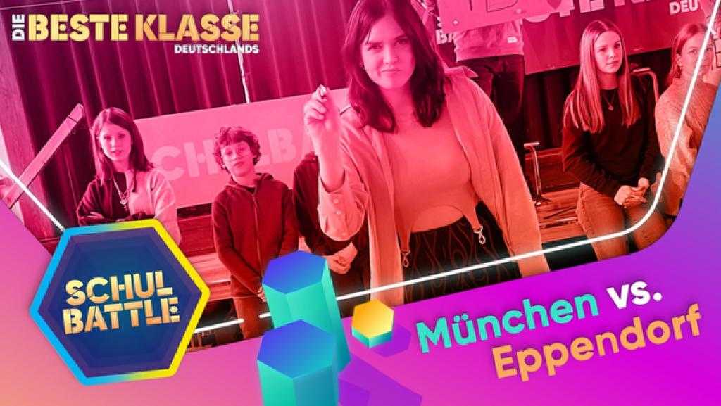 Rechte: KiKA/Bavaria Entertainment In der Mitte Marie mit erhobener Hand. Hinter ihr Kinder vor einer Bühne. Unten die Aufschrift München vs. Eppendorf. Links das Logo vom Schulbattle.