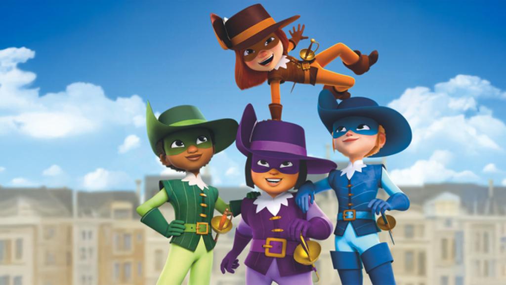 Die vier Mädchen D’Artagnan, Athos, Porthos und Aramis tragen bunte Uniformen, Hüte und Masken. 