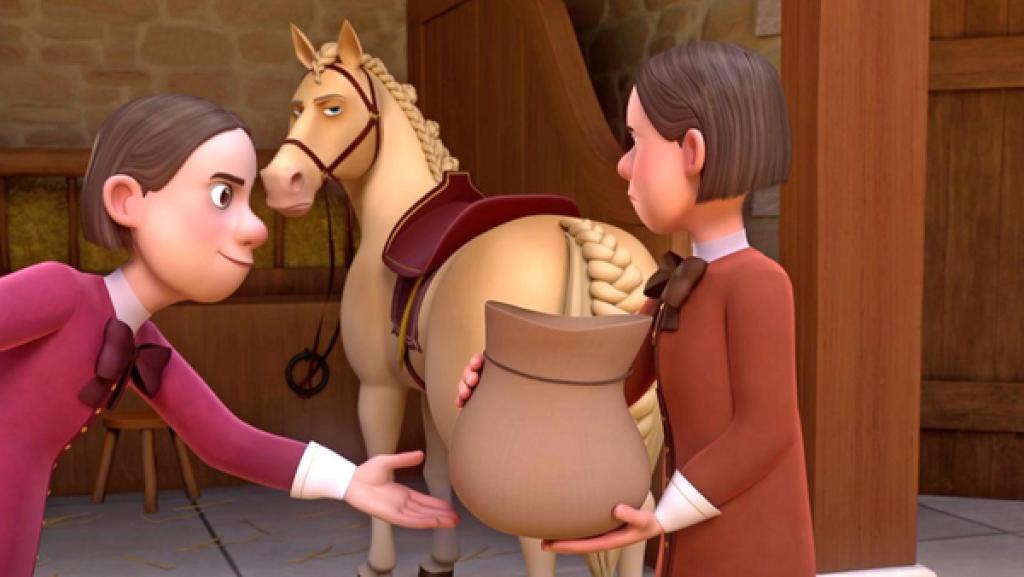 Alfred steht in gebeugter Position vor Manfred, der einen Sack in den Händen hält und zu Saphir schaut. Das Pferd und die beiden Gauner stehen in einem Stall, ein Schemel und eine Leiter sind im Hintergrund. Saphir zeigt den beiden Schurken seine Rückseite und schaut mit missmutigem Blick auf seine Peiniger.