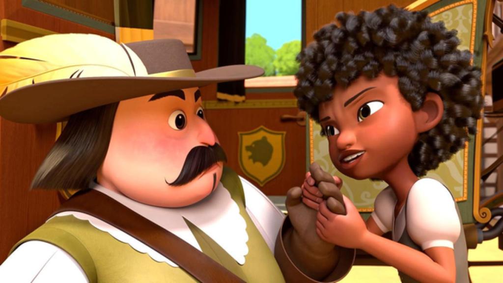 Draußen vor der Kutsche: Inès hält lächelnd König Adhemars linke Hand in ihren Händen. Dieser schaut sie erschrocken an.