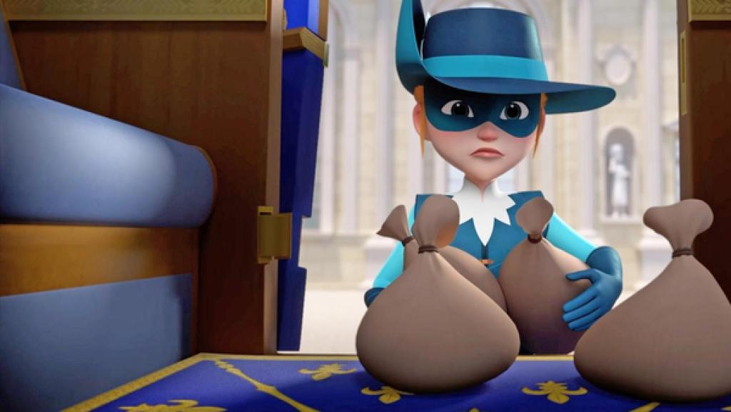 Athos steht mit entschlossenem und ernstem Blick direkt vor der geöffneten Kutsche. Sie hält zwei Säcke in ihren Händen. Vor ihr in der Kutsche stehen ebenfalls zwei Säcke. Im Hintergrund ist der Palast zu sehen.