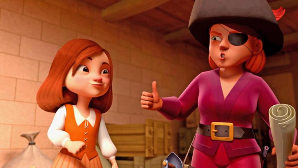 Charlotte steht lächelnd neben der Piratin Lily Rouge, die ihren rechten Daumen nach oben hält. In ihrer linken Hand hält die Piratin ein zusammengerolltes Papier.