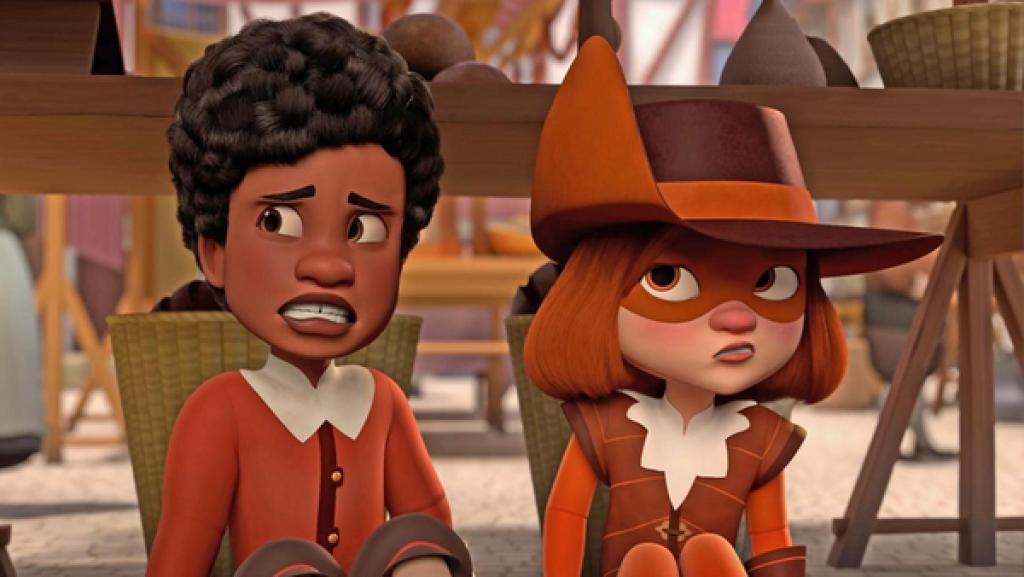 Alex und D'Artagnan sitzen in geduckter Haltung hinter zwei Körben, die unter einem Verkaufsstand aus Holz stehen. Beide blicken ängstlich und angespannt zur Seite.