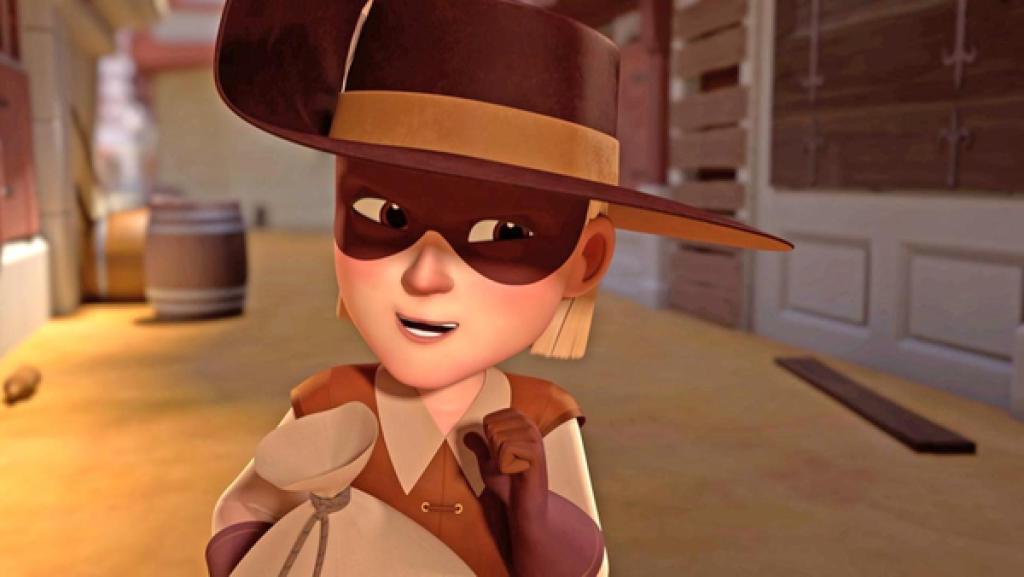 Jussac steht als Musketier gekleidet und mit Maske da. Er hat den Mund leicht geöffnet und blickt schelmisch drein. In der Hand hat er einen kleinen Sack.