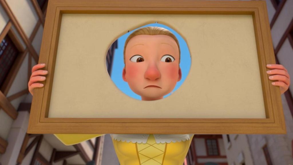 Constance hält mit unglaubwürdigem Blick ein Gemälde in ihren beiden Händen, in dem sich in der Mitte ein großes Loch befindet, durch das sie ihren Kopf steckt.