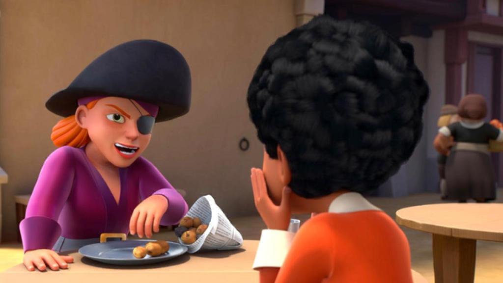 Alex sitzt an einem runden Tisch, draußen in einem Café. Ihm gegenüber sitzt eine Piratin mit Augenklappe und Piratenhut. Sie hat rote Haare und schaut sehr selbstbewusst zu Alex. Alex sieht man von hinten, er hat die Hände wie im Erstaunen an sein Gesicht gelegt. Die Piratin Lily hat einen Teller vor sich und eine Tüte mit kleinen Kartoffeln.