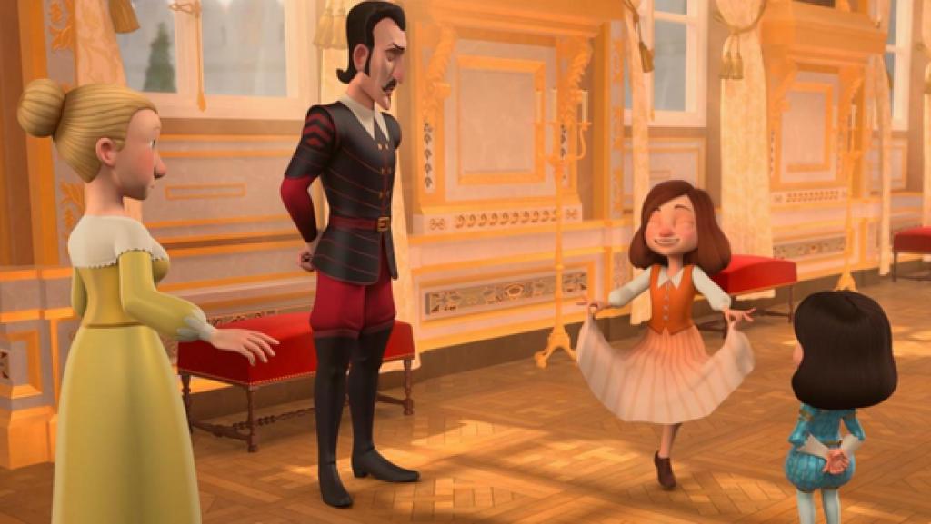 Im königlichen Palast: Charlotte tanzt mit geschlossenen Augen und lächelnd zwischen Constance, Richelieu und König Louis XIII, die ihr alle zuschauen. Im Hintergrund steht eine Wache.