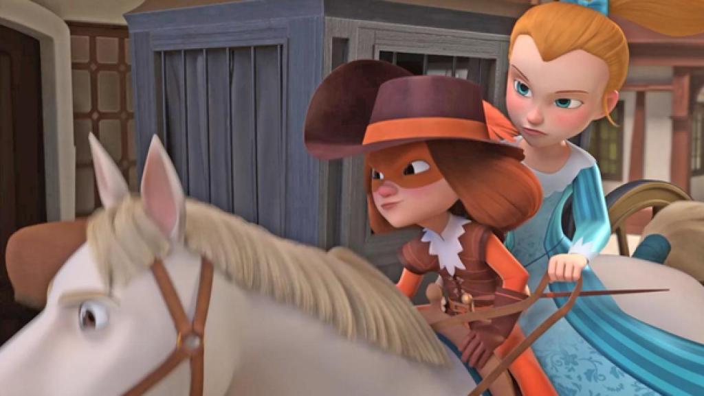 D'Artagnan und Olivia sitzen gemeinsam auf einem Pferd. D'Artagnan vorne und Olivia hinten. Olivia hält die Zügel in ihrer linken Hand. Die Blicke der beiden gehen ernst und konzentriert nach vorne.