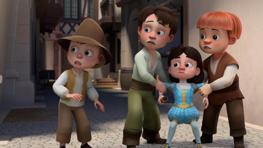 In einer Gasse von Paris: König Louis XIII. steht verängstigt zwischen Philippot und Fourchette, die den König mit festhalten. Neben ihnen befindet sich Grand Pierre. Sie blicken alle erschrocken nach rechts. Um sie herum stehen Häuser.