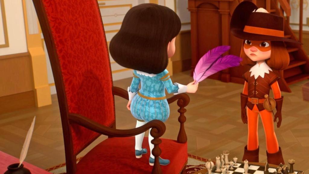 In einer der Säle des Palastes;  König Louis XIII. steht auf einem Stuhl und hält eine lilafarbene Feder in seiner rechten Hand. Er hält diese Feder zu d'Artagnan die sie erstaunt anblickt. Neben d'Artagnan steht Athos, die eine braune Kiste in ihren Händen hält. Sie schaut ebenfalls erstaunt auf die Feder. Neben König Louis steht ein Tisch, auf dem ein Schachbrett aufgebaut ist. Direkt daneben sitzt Richelieu in einem Sessel.