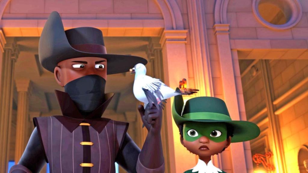  Es ist dunkel, nur einige Laternen leuchten im Innenhof eines Schlosses. D'Artagnan und Aramis begleiten einen schwarz gekleideten Mann mit großem schwarzen Hut, der eine Brieftaube auf seiner Hand hat.