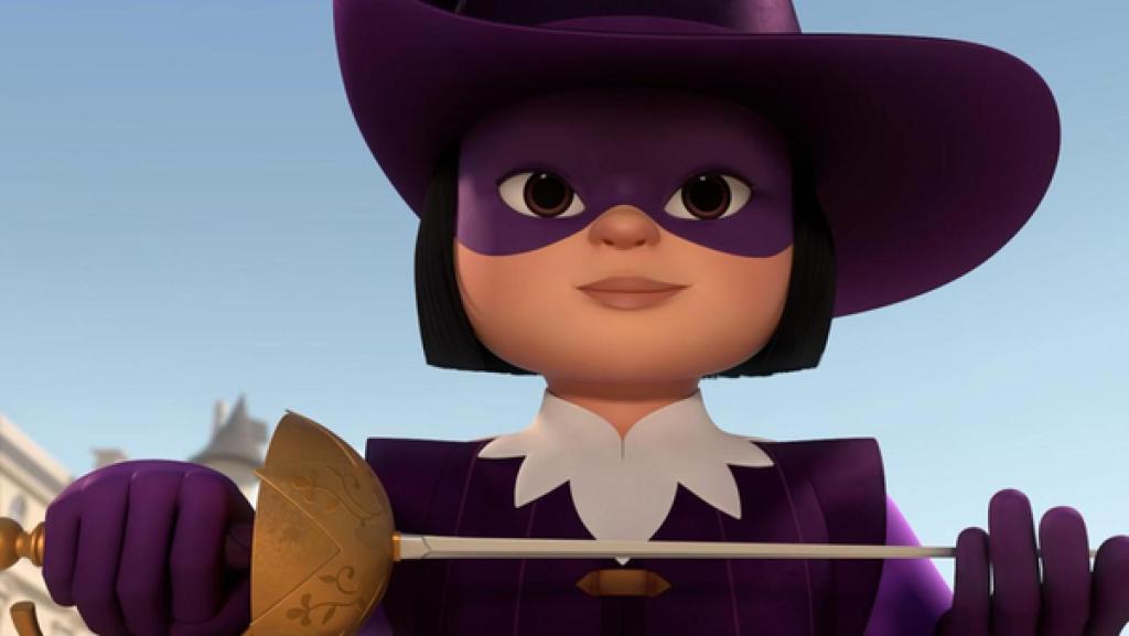 Nahaufnahme, Untersicht: Porthos hält mit stolzem und lächelndem Blick ihren Degen in beiden Händen waagrecht vor sich. Über ihr ist der blaue Himmel zu sehen.