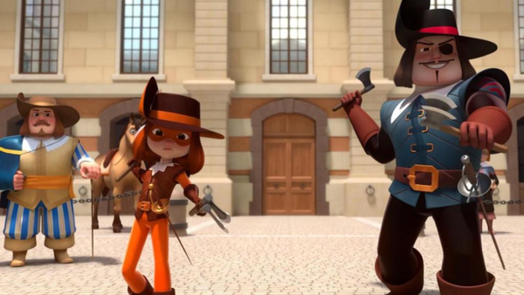 D'Artagnan und Hauptmann Rochefort stehen in Wurfpose nebeneinander auf einem gepflasterten Platz vor einem großen Gebäude. Sie halten beide ihren rechten Arm nach hinten, in deren Hand sich jeweils eine Axt befindet. Die linke Hand strecken beide nach vorne. Auch dort befindet sich eine Axt. D'Artagnan schaut angestrengt und mit ernstem Blick nach vorne. Hauptmann Rochefort lächelt fies. Im Hintergrund befinden sich de Treville, der skeptisch zu den beiden blickt und daneben das Pferd von D'Artagnan.