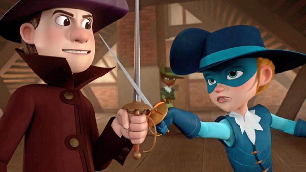 Athos und Alfred stehen einander gegenüber und kreuzen ihre Degen. Während Alfred überlegen lächelt, wirkt Athos' Gesichtsausdruck angespannt.