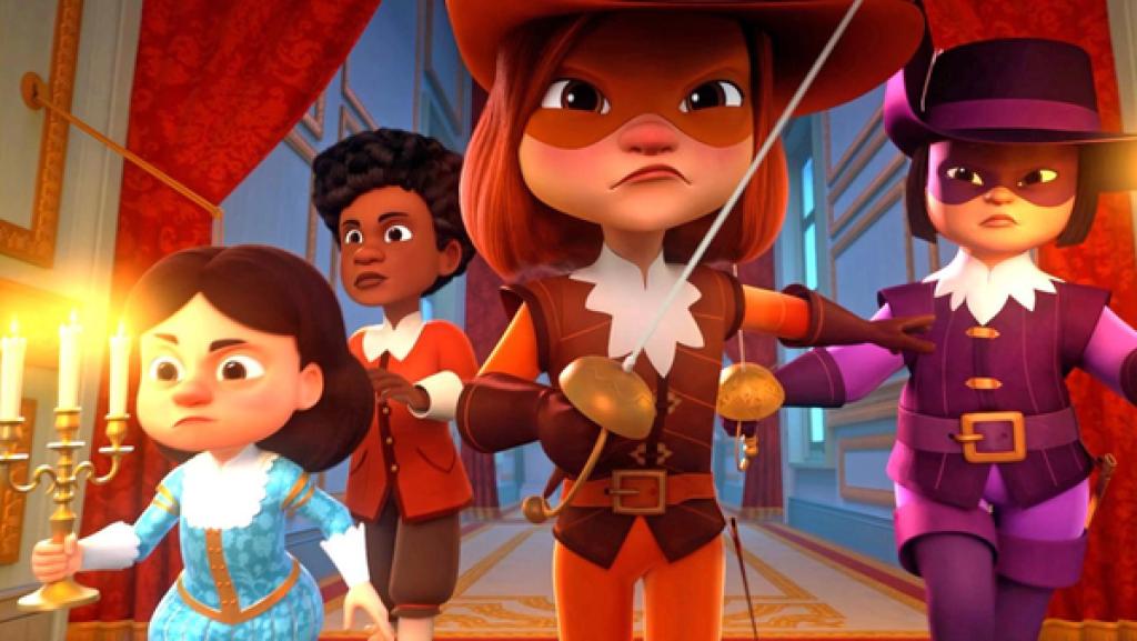  Im Palast des Königs: König Louis XIII., Alex, D'Artagnan und Porthos gehen mit entschlossenem und ernstem Blick einen Korridor entlang. Louis XIII trägt einen Kerzenständer mit drei brennenden Kerzen in seiner rechten Hand, d'Artagnan einen Degen, und Porthos einen Degen und einen Kerzenständer mit brennenden Kerzen. Sie blicken alle nach vorne. Es ist dunkel, nur das Licht der Kerzen erhellt den Korridor.