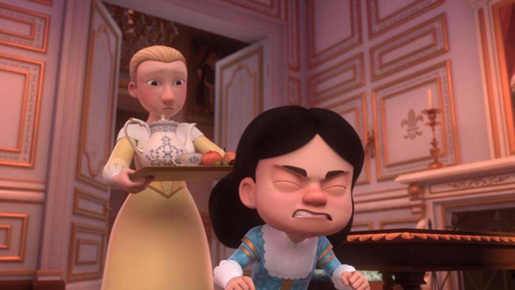 In den Sälen des Palastes: König Louis XIII. steht offenbar wütend mit geballten Fäusten und und zusammengekniffenen Augen in einem Saal.  Hinter ihm steht seine Gouvernante Constance. Sie trägt ein Tablett in ihren Händen, auf dem sich eine Kanne, eine Tasse und Obst befindet. Sie schaut den kleinen König verwundert an.