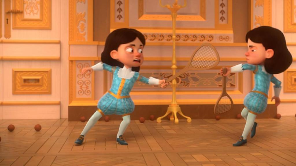 In den Sälen des Palastes: König Louis XIII streckt mit der linken Hand einen Tennisschläger in Richtung des Betrügers, der ihm zum Verwechseln ähnlich sieht. Dieser hält abwehrend seinen linken Arm entgegen, in dem sich ebenfalls ein Tennisschläger befindet, Um sie herum liegen etliche Tennisbälle.