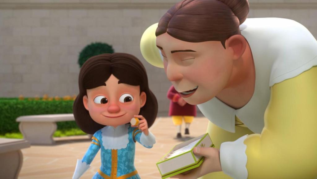 Im Garten des Schlosses: König Louis XIII. steht neben Gertrude. In seiner linken Hand hält er einen Keks, den er glücklich lächelnd anschaut. Gertrude beugt sich mit geschlossenen Augen zu dem jungen König herunter und hält ihm mit der linken Hand eine Dose mit weiteren Keksen hin.