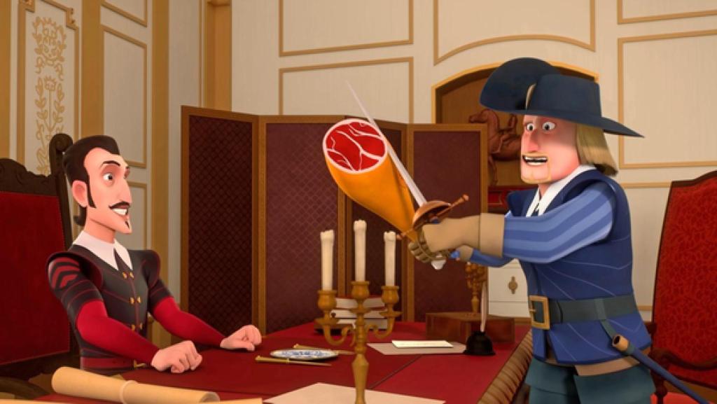 Richelieu sitzt mit freudigem Gesichtsausdruck an seinem Schreibtisch, auf dem sich Papiere und ein Kerzenständer befinden. Die Hände hat er zu Fäusten gespannt. Ihm gegenüber steht ein Mann, der Wikinger,  der ihm einen Schinken entgegenstreckt. Er hält seinen Degen an den Schinken, als ob er eine Scheibe abschneiden will und lacht.