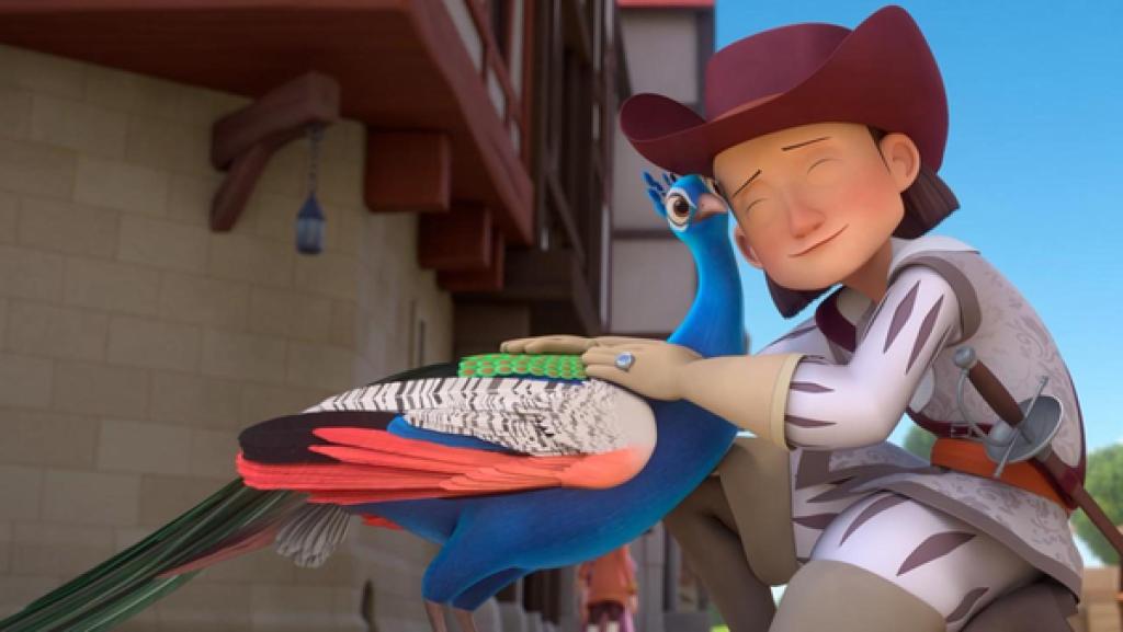 Der Herzog von Buckingham kniet erleichtert lächelnd neben einem bunten Pfau, der seinen Kopf an den Kopf des Herzoges drückt.