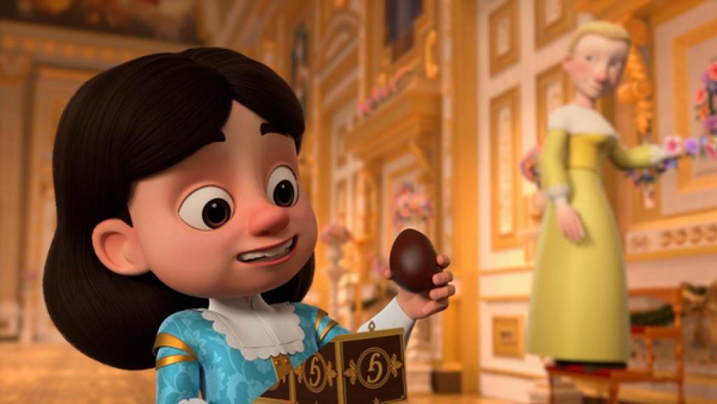 König Louis XIII. steht im königlichen Palast und hält eine kleine Schachtel in seiner rechten Hand. In seiner linken Hand hält er ein Schokoladenei, das er mit großen Augen und leicht lächelnd anschaut. Im Hintergrund ist seine Gouvernante zu sehen, die auf einer kleinen Leiter steht und Blumenschmuck in der Hand hält. Sie blickt zu dem jungen König.