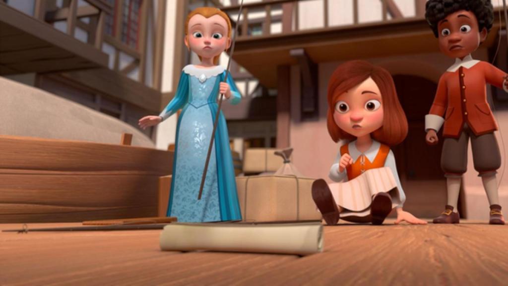 Charlotte sitzt auf dem Boden, vor ihr eine Schriftrolle etwas entfernt. Sie schaut entgeistert darauf. Links neben ihr steht Olivia mit einer Angel in der Hand, rechts steht Alex, ebenfalls mit einer Angel in der linken Hand. Die beiden schauen genauso verwundert wie Charlotte auf die Schriftrolle. Im Hintergrund sind Fachwerkhäuser.