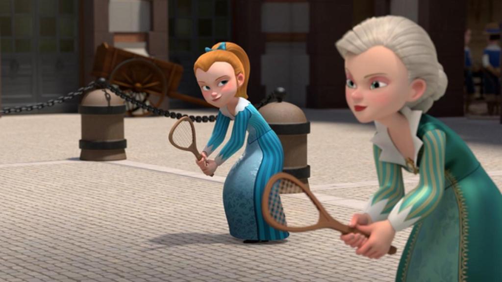 Olivia hält in leicht gebeugter Haltung einen Tennisschläger in ihren beiden Händen und schaut mit hinterlistigem Blick zu Milady, die etwas versetzt vor ihr steht, ebenfalls leicht nach vorne gebeugt und mit einem Tennisschläger in ihren Händen. Sie schaut konzentriert nach vorne.