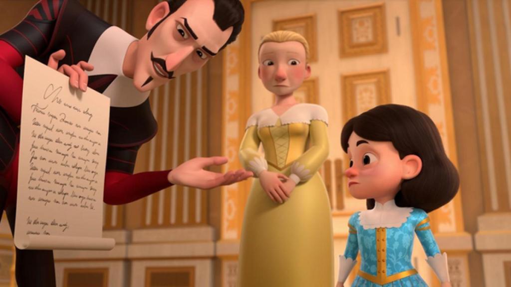 In den Sälen des Königs: Richelieu steht leicht gebückt neben König Louis XIII. und hält ein Papier in seiner rechten Hand, auf dem etwas geschrieben steht. Er blickt ernst darauf. Seine linke Hand streckt er gestikulierend nach vorne. König Louis XIII schaut traurig auf das Papier. Im Hintergrund ist des Königs Gouvernante Constance zu sehen, die mit bestürztem und mitleidigem Blick zum König schaut.