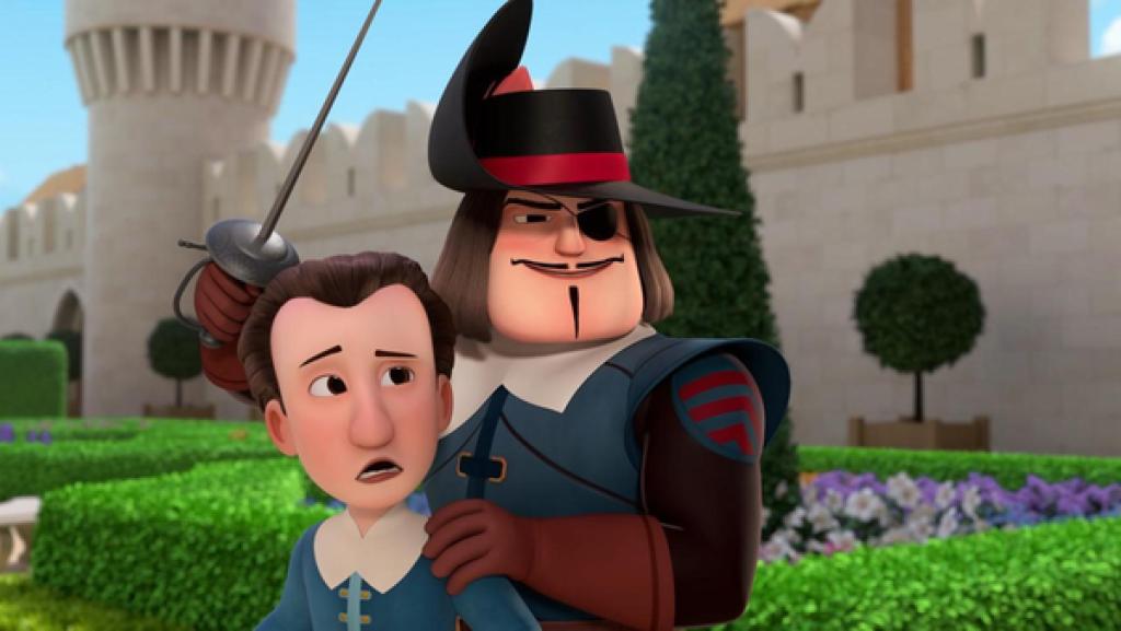 Hauptmann Rochefort steht fies grinsend hinter dem erschrocken dreinblickenden Henri. Er hat seine linke Hand auf Henris Schulter abgelegt, in der rechten Hand hält er einen Degen, den er nach oben streckt. Im Hintergrund sind vor dem Palast grüne Hecken, Sträucher und Blumen zu sehen.