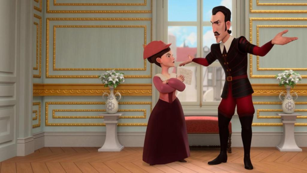 In den Sälen des Hofes: Gräfin Cancoillotte steht mit vor der Brust gekreuzten Armen neben Richelieu und schaut ihn böse an. Dieser steht breitbeinig und mit ausgestreckten Armen da und schaut erklärend zur Gräfin. Im Hintergrund ist der blaue Himmel durch ein Fenster zu sehen sowie eine kleine rote Bank vor dem Fenster und rechts und links daneben zwei kleine Säulen auf denen jeweils eine Vase mit Blumen steht.