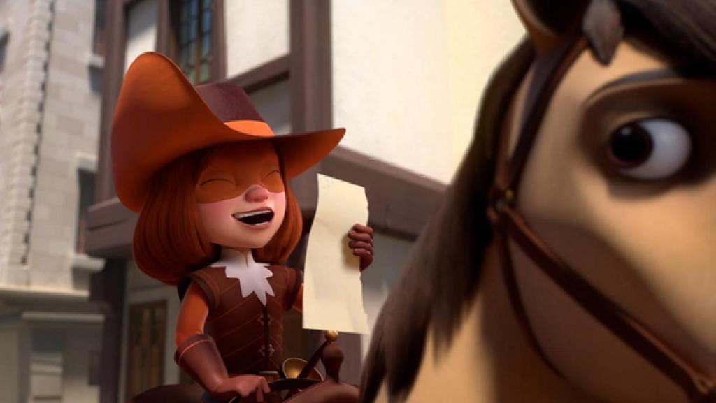  D'Artagnan sitzt mit geschlossenen Augen und herzhaft lachend auf ihrem Pferd. Sie hält ein Blatt Papier in ihrer Hand. Im Hintergrund stehen Fachwerkhäuser.